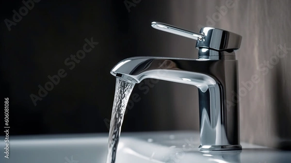 Obraz Open faucet with water on a dark background. Copy space. AI generation
