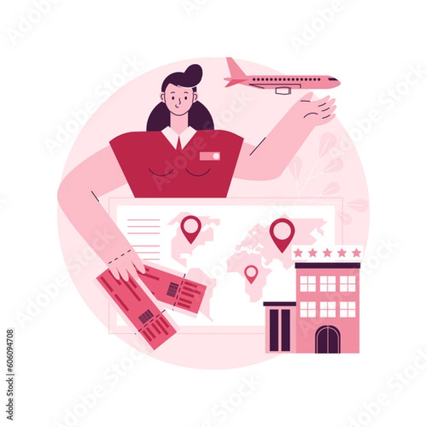Fototapeta Travel agent abstract concept vector illustration. Tourist agency, holiday travel planning, flight search, all-inclusive hotel booking online, service fee, make reservation, abstract metaphor.