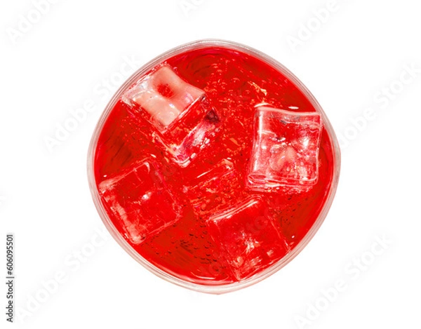 Fototapeta Top view of red soda glass on white background