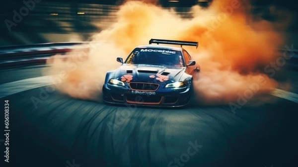 Fototapeta Sports car drifting on the track with smoke flying from the wheels. Generative AI