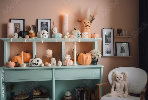 Fototapeta A room filled with lots of halloween decorations. AI generative.