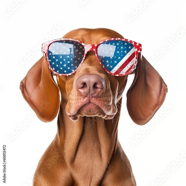 Fototapeta Vizsla Dog with 4th of July American Flag sunglasses on a white background isolated