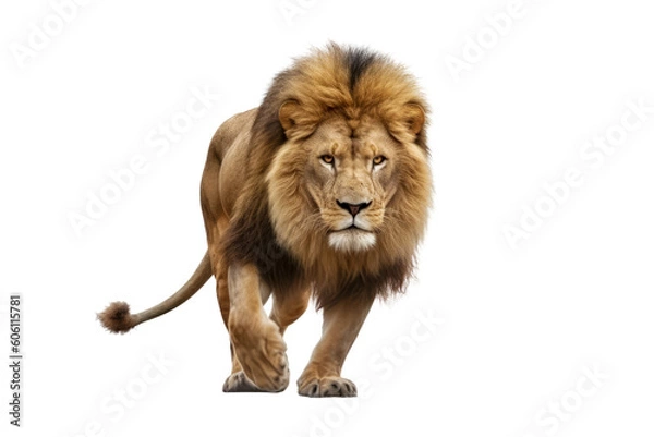 Fototapeta A majestic lion walking on a black background, isolated and in transparent png format. Generative AI