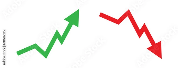 Obraz Graph going Up and Down sign with green and red arrows vector. Flat design vector illustration concept of sales bar chart symbol icon with arrow moving down and sales bar chart with arrow moving up.