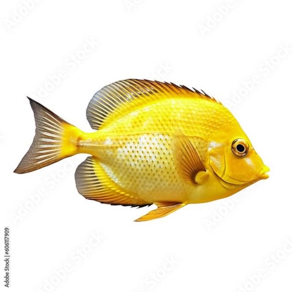 Fototapeta A bright yellow fish on a solid black background. Generative AI