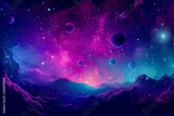 Obraz A colorful space scene with multiple planets and stars. Generative AI