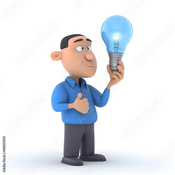 Fototapeta 3d character of business man holding light bulb