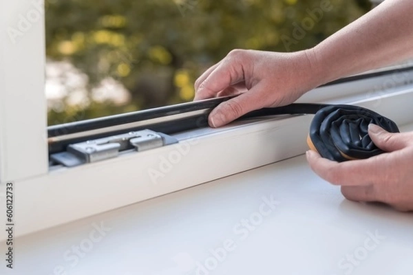 Fototapeta a person installing a window seal on a window. Heat saving concept.