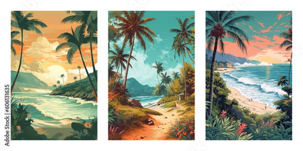 Fototapeta Zestaw krajobrazów plażowych wieczorem. Ilustracja wektorowa tło plakatu, ulotki, kart, sieci.