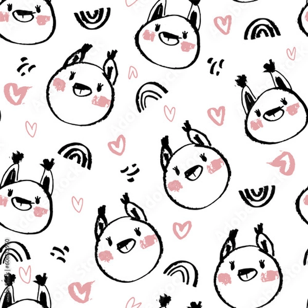 Fototapeta Cute vector pattern with squirrel, rainbow and heart. Pattern in grunge style. seamless background for nursery decor, fabrics, children's textiles, wrapping paper.