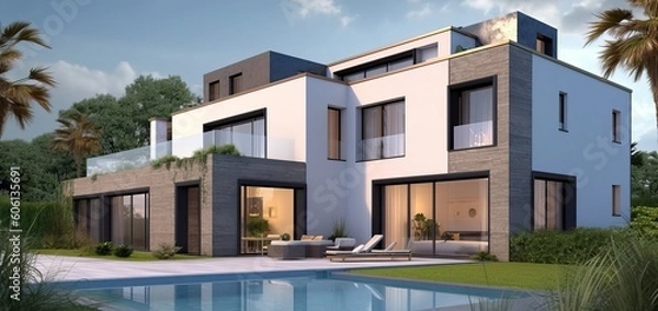 Fototapeta Amazing modern luxury home with garden and pool, generative ai