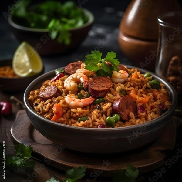 Fototapeta A Photo of Spicy and Flavorful Jambalaya with Shrimp and Sausage
