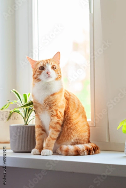 Fototapeta Red cat sits on the window and house plants on the windowsill. Domestic kitten resting on the windowsill at home in sunny day.