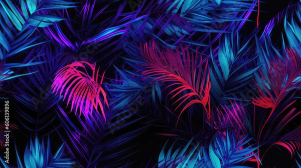 Fototapeta Palm neon blue red leaves, green tropical pattern, leaves in tropical forest. generative ai, generative, ai