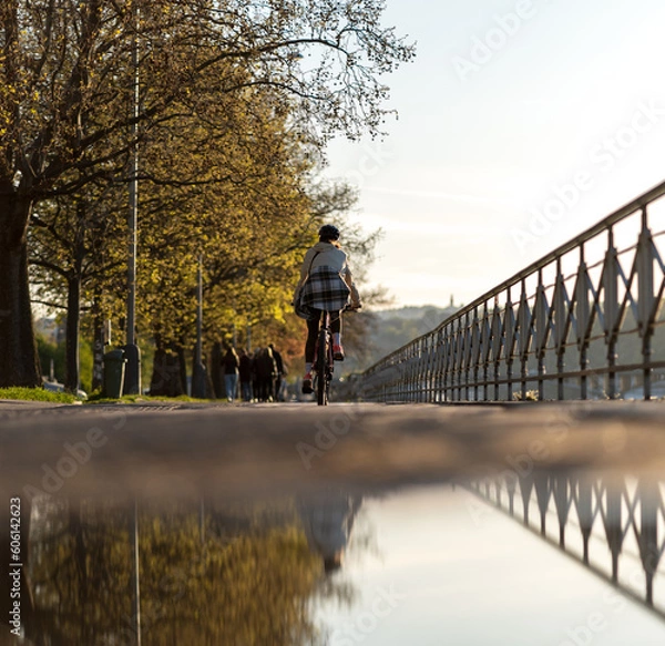 Fototapeta A woman rides a bicycle on a street in Prague. The reflection of the bike in the puddle.