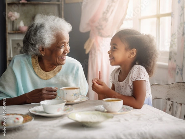 Fototapeta Close-up portrait of a black grandmother and young granddaughter having tea. They are looking at each other, talking together, and smiling.  Illustration created with Generative AI technology.