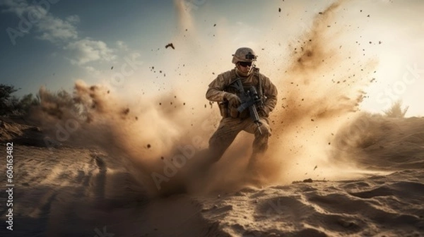 Obraz Determined Resolve: Soldier Firing Amidst Bullets and Debris. Generative AI