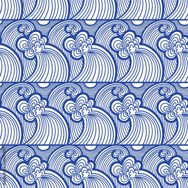 Fototapeta vector contemporary blue wave lines asian style seamless pattern on white