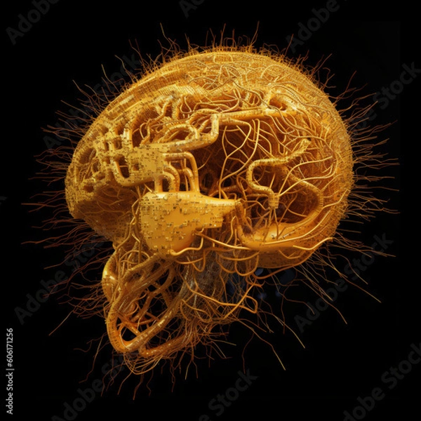 Obraz Artificial intelligence Goldens brain  with neurons / generated by Ai