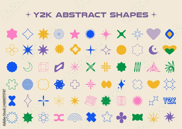Fototapeta Set of aesthetic y2k geometric shapes. Simple trendy colorful geometric shapes. Retro design elements. Vector illustration for social networks or posters. EPS 10