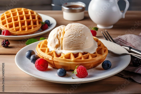 Fototapeta summer breakfast, belgian waffles with fresh fruits. Generative AI
