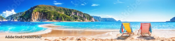 Fototapeta Tropical island with palm trees and clear blue water. Seascape panoramic background with sunbeds, website header, banner for travel, tourism, holidays, resort. Generative AI.