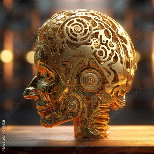 Fototapeta Golden brain of artificial intelligence in blurry background / generated by Ai / Ai