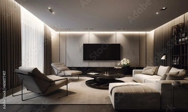 Obraz  a living room with a large screen tv and a couch and chair in it and a table with a vase on it and a vase with flowers.  generative ai