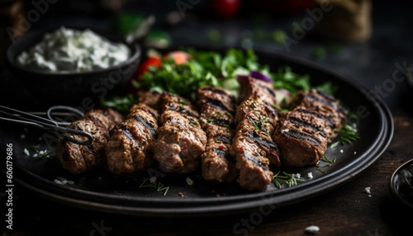 Fototapeta Grilled beef fillet with vegetable appetizer plate generated by AI