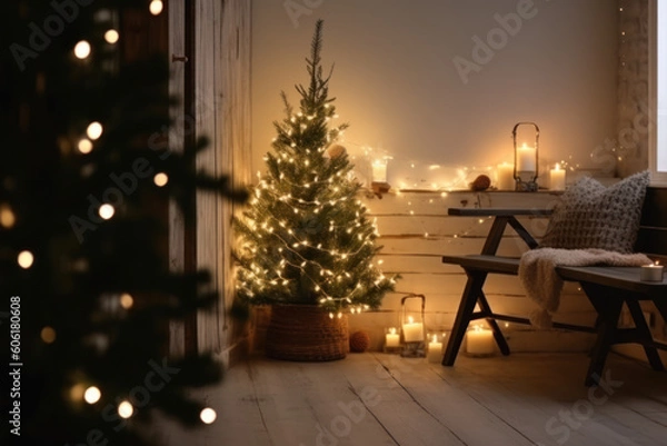 Fototapeta Christmas atmosphere at home with a light chain and Christmas tree. AI