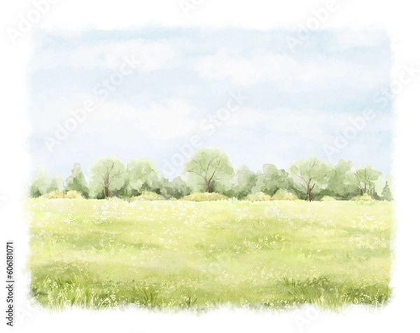 Fototapeta Watercolor vintage summer  composition with green landscape with trees and grass with vegetation isolated on white background. Hand drawn illustration sketch