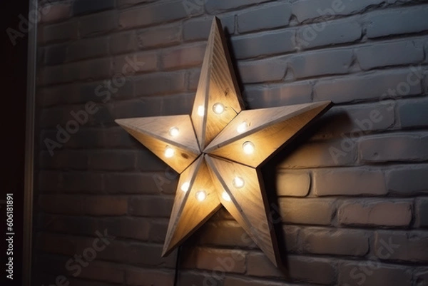 Fototapeta Decorative wooden star with lamps on a background of wall. Modern grungy interior. AI