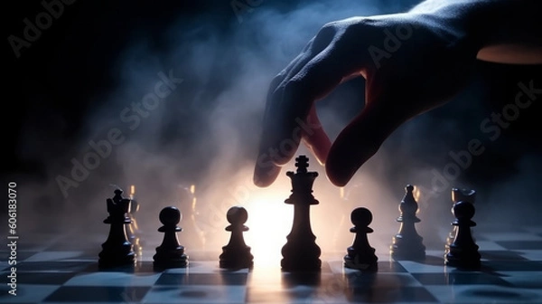 Fototapeta A chess piece in a hand checks and checkmates an opponent in a logic game. Created with AI