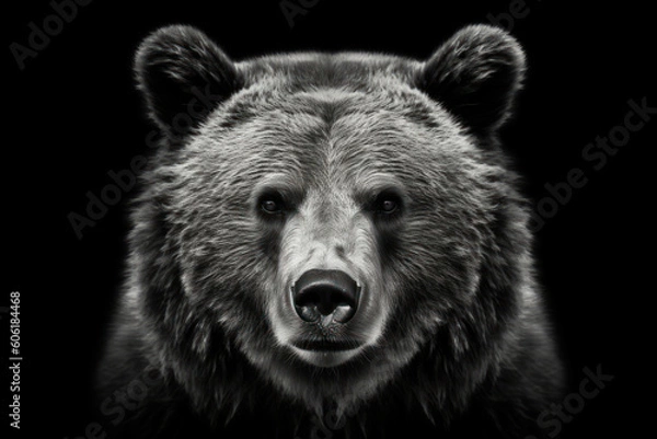 Obraz Front view of brown bear isolated on black background. Black and white portrait of Kamchatka bear. Predator series. AI