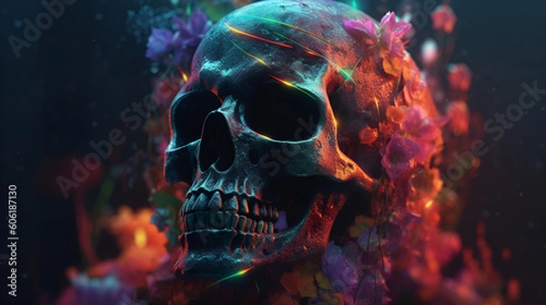 Fototapeta Fantasy human skull with flowers with colorful fantastic neon light. Generative AI