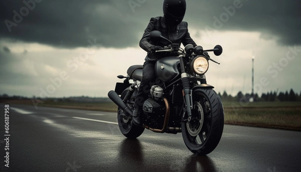 Fototapeta Biker in helmet and leather jacket on his motorcycle on asphalt road.