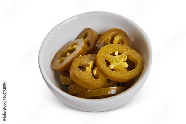 Fototapeta Jalapenos pickled small white petri dish stacked food in bowl plain background asset