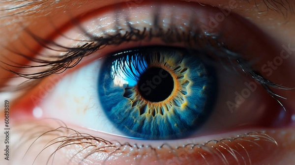 Fototapeta Human blue eye realistic beautiful closeup zoom. Generative AI