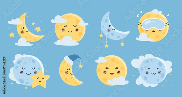 Fototapeta Weather elements set. Crescent and moon with clouds, sun. Symbols of day and night. Pack of stickers for social networks and messengers. Cartoon flat vector collection isolated on blue background