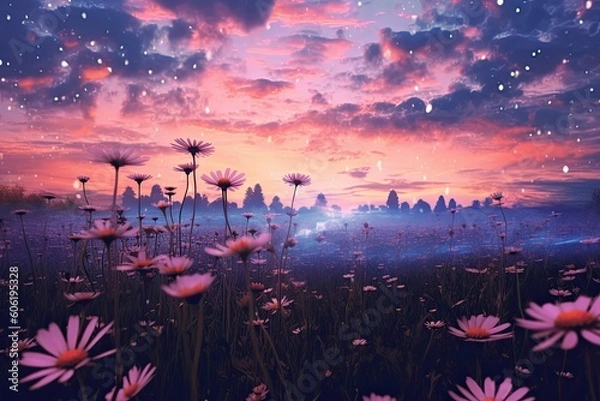 Obraz a field of purple flowers is in the background of a sunset Generative Ai