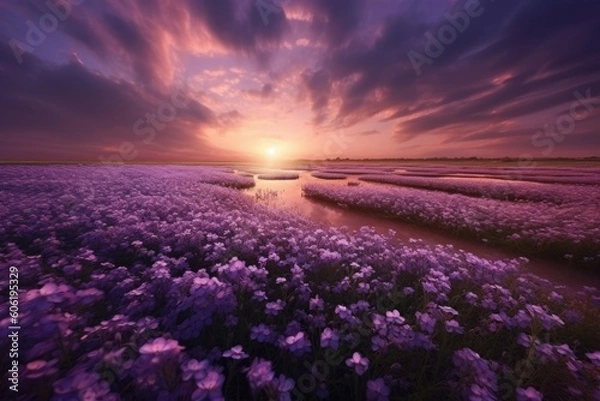 Obraz a field of purple flowers is in the background of a sunset Generative Ai