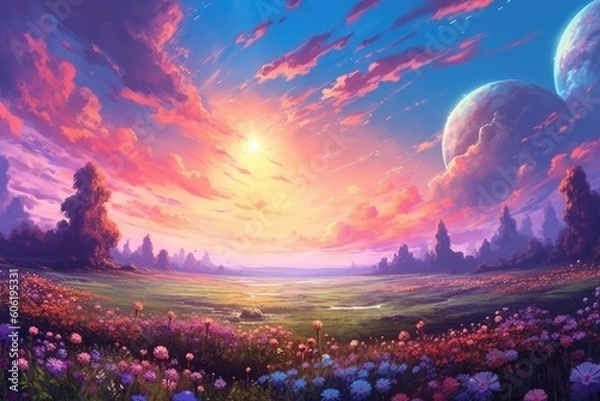 Obraz a field of purple flowers is in the background of a sunset Generative Ai
