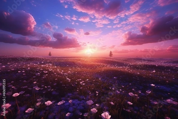 Obraz a field of purple flowers is in the background of a sunset Generative Ai