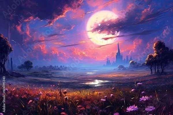 Obraz a field of purple flowers is in the background of a sunset Generative Ai
