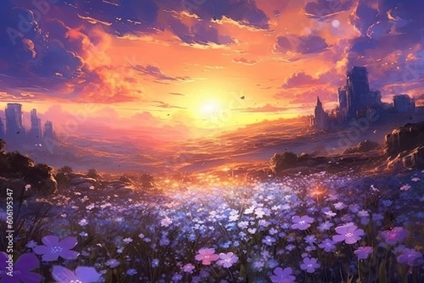 Obraz a field of purple flowers is in the background of a sunset Generative Ai