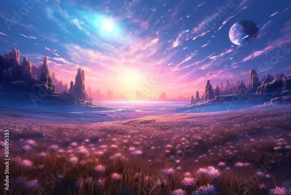 Obraz a field of purple flowers is in the background of a sunset Generative Ai