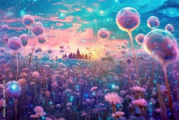 Obraz purple flowers and soap bubbles are shown Generative Ai