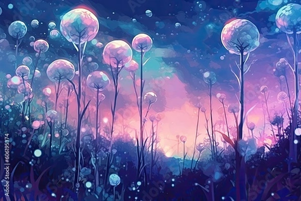Obraz purple flowers and soap bubbles are shown Generative Ai