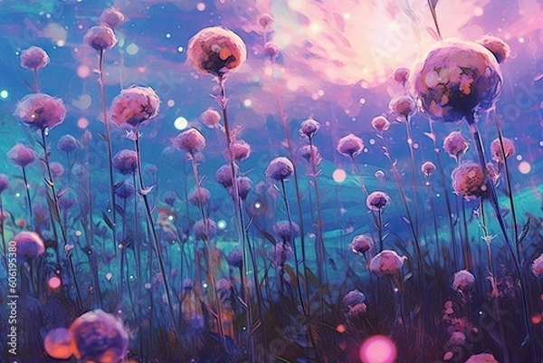 Obraz purple flowers and soap bubbles are shown Generative Ai