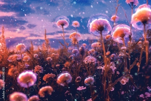 Obraz purple flowers and soap bubbles are shown Generative Ai